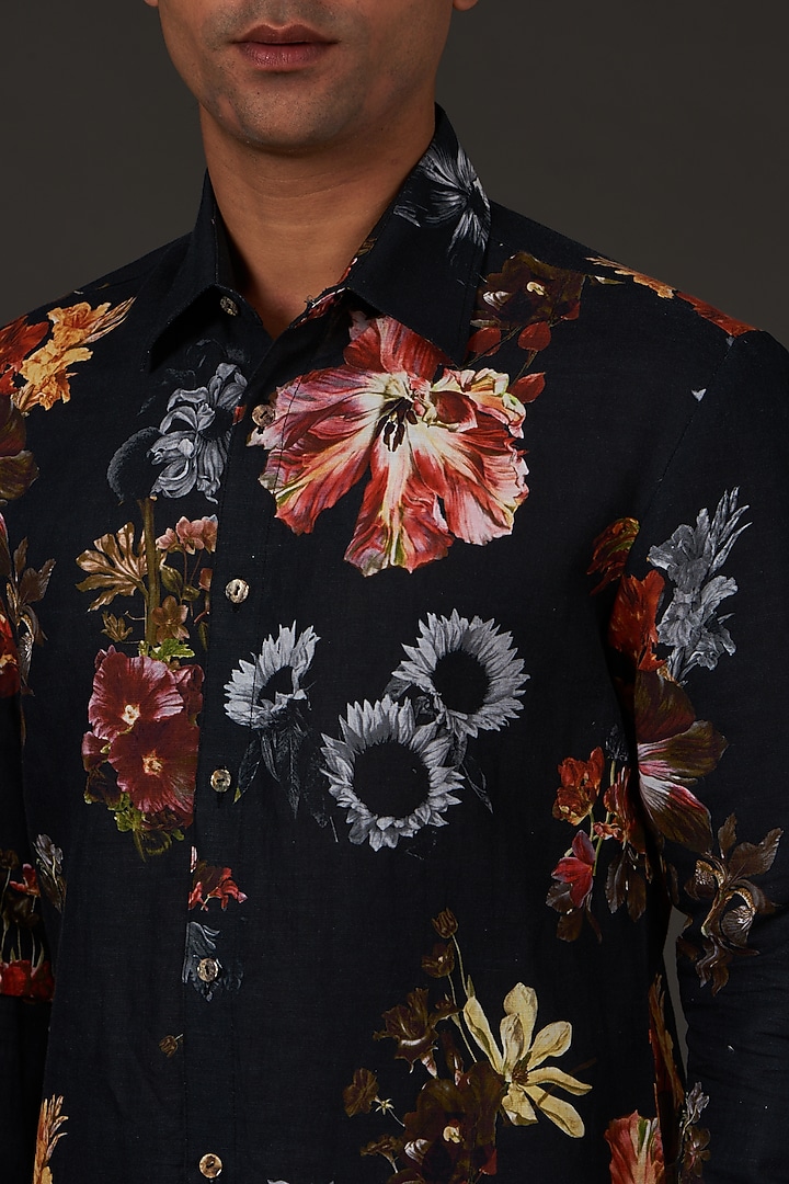 Black Satin Poplin Floral Printed Party Wear Shirt by Balance by Rohit Bal Men at Pernia's Pop Up Shop