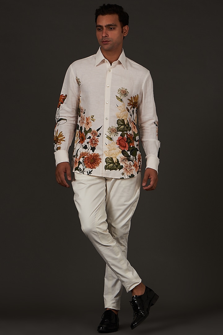 Ivory Floral Printed Shirt by Balance by Rohit Bal Men