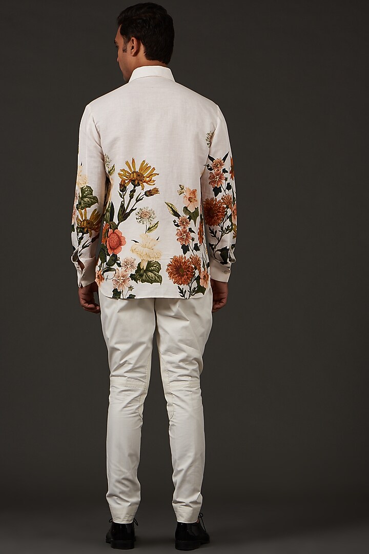 Ivory Satin Poplin Floral Printed Party Wear Shirt by Balance by Rohit Bal Men at Pernia's Pop Up Shop
