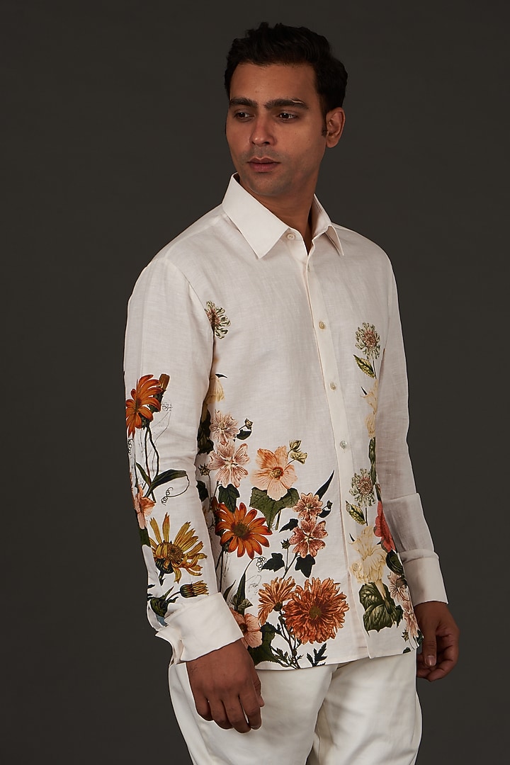 Ivory Satin Poplin Floral Printed Party Wear Shirt by Balance by Rohit Bal Men at Pernia's Pop Up Shop