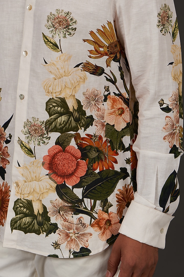 Ivory Satin Poplin Floral Printed Party Wear Shirt by Balance by Rohit Bal Men at Pernia's Pop Up Shop