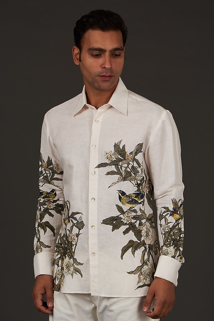 Ivory Cotton Linen Floral Printed Party Wear Shirt by Balance by Rohit Bal Men at Pernia's Pop Up Shop