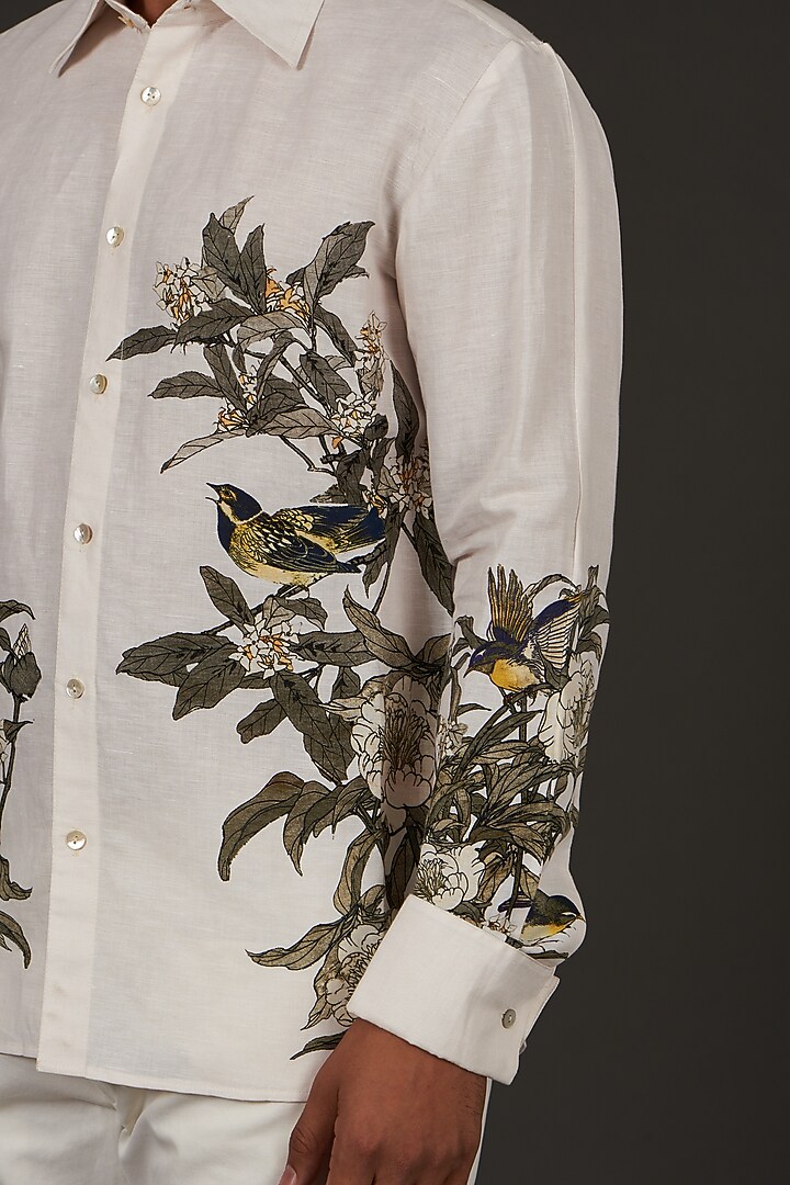Ivory Cotton Linen Floral Printed Party Wear Shirt by Balance by Rohit Bal Men at Pernia's Pop Up Shop