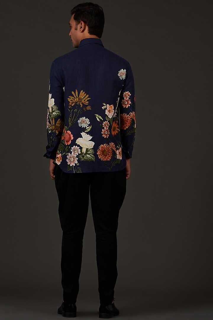 Blue Satin Poplin Floral Printed Party Wear Shirt by Balance by Rohit Bal Men at Pernia's Pop Up Shop