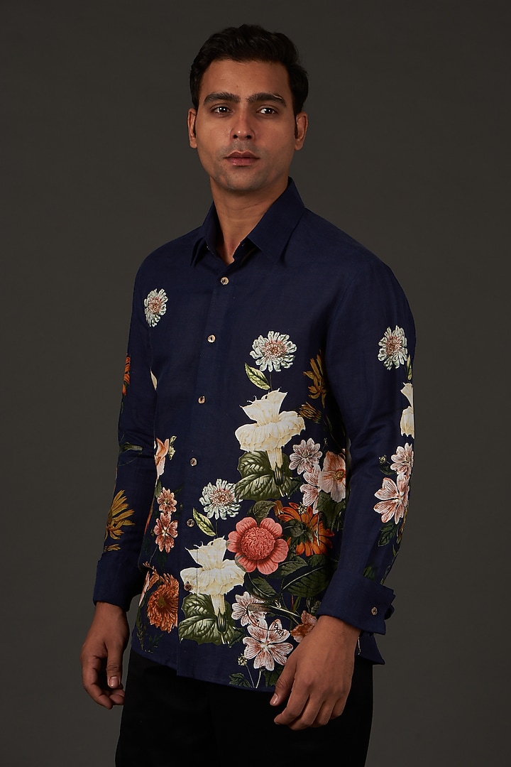 Blue Satin Poplin Floral Printed Party Wear Shirt by Balance by Rohit Bal Men at Pernia's Pop Up Shop