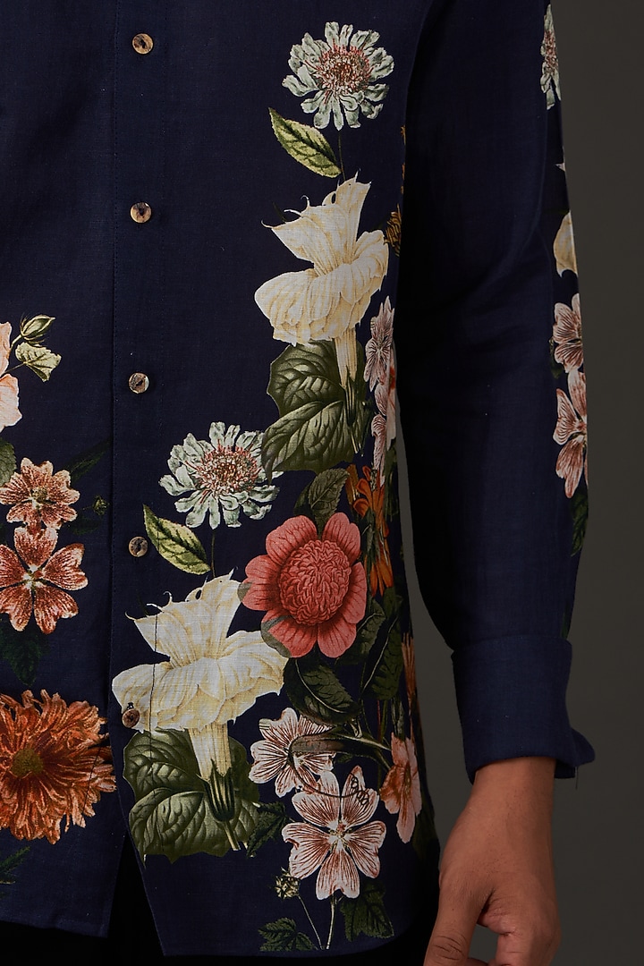 Blue Satin Poplin Floral Printed Party Wear Shirt by Balance by Rohit Bal Men at Pernia's Pop Up Shop