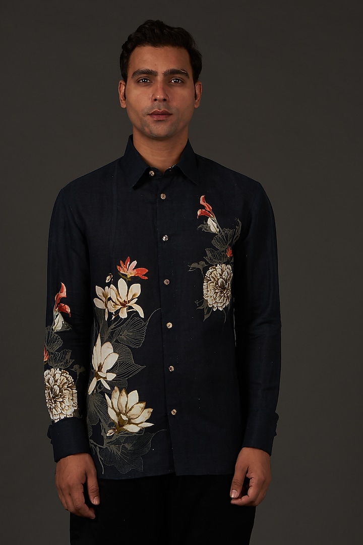 Black Printed Party Wear Shirt by Balance by Rohit Bal Men at Pernia's Pop Up Shop