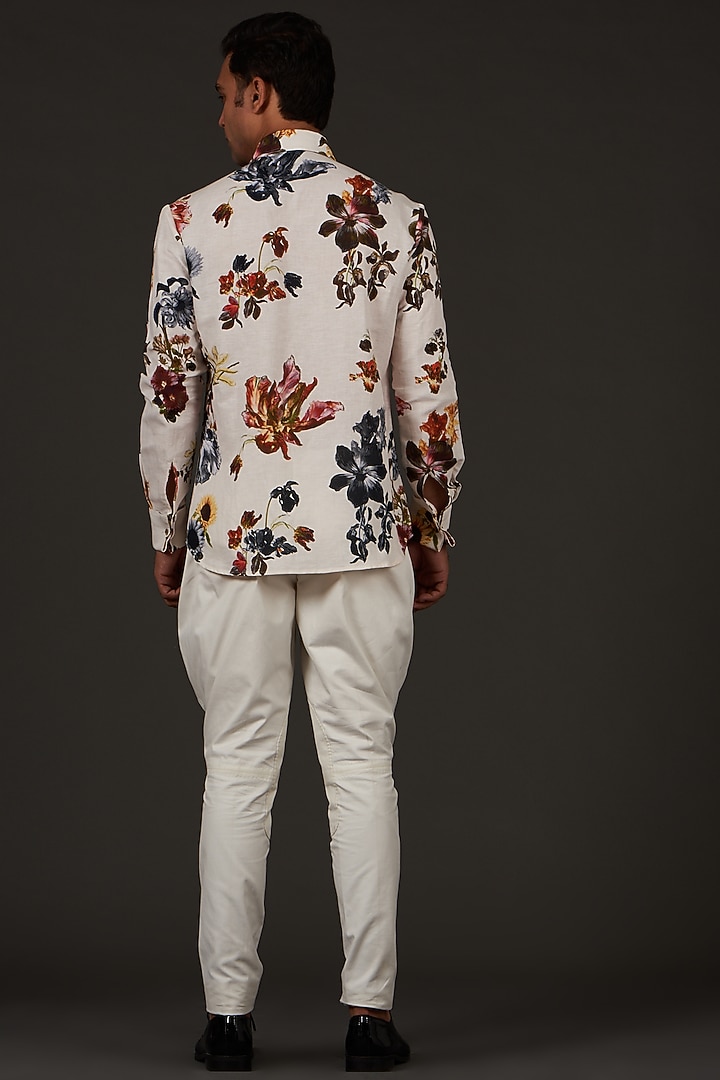 Ivory Satin Poplin Floral Printed Party Wear Shirt by Balance by Rohit Bal Men at Pernia's Pop Up Shop