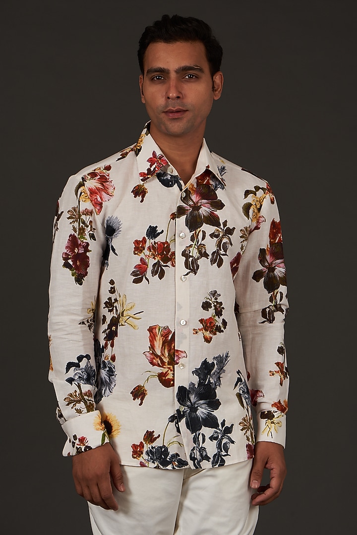 Ivory Satin Poplin Floral Printed Party Wear Shirt by Balance by Rohit Bal Men at Pernia's Pop Up Shop
