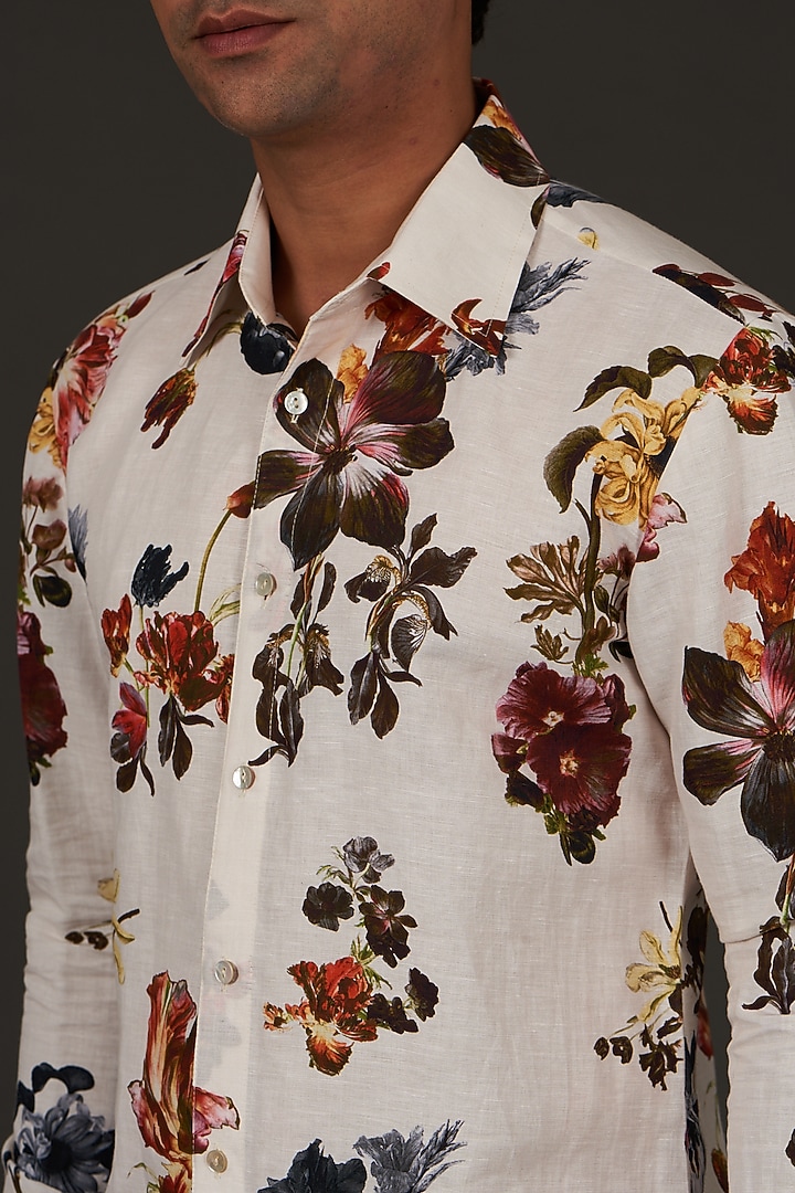 Ivory Satin Poplin Floral Printed Party Wear Shirt by Balance by Rohit Bal Men at Pernia's Pop Up Shop