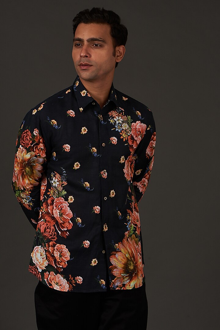 Ivory Cotton Linen Floral Printed Party Wear Shirt by Balance by Rohit Bal Men at Pernia's Pop Up Shop
