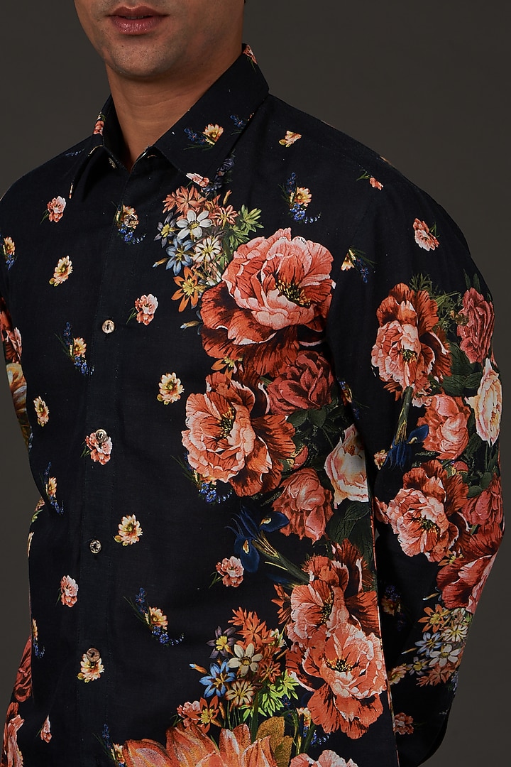 Ivory Cotton Linen Floral Printed Party Wear Shirt by Balance by Rohit Bal Men at Pernia's Pop Up Shop