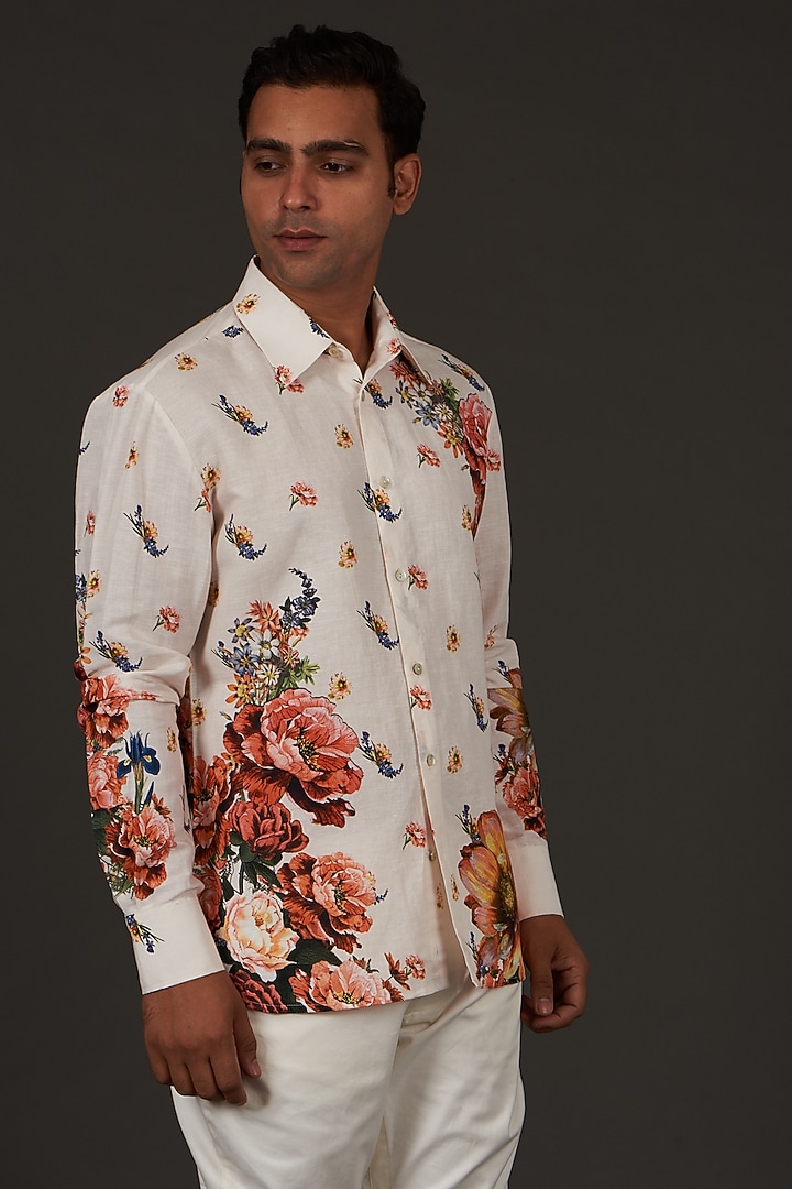 Black Satin Poplin Floral Printed Party Wear Shirt by Balance by Rohit Bal Men at Pernia's Pop Up Shop