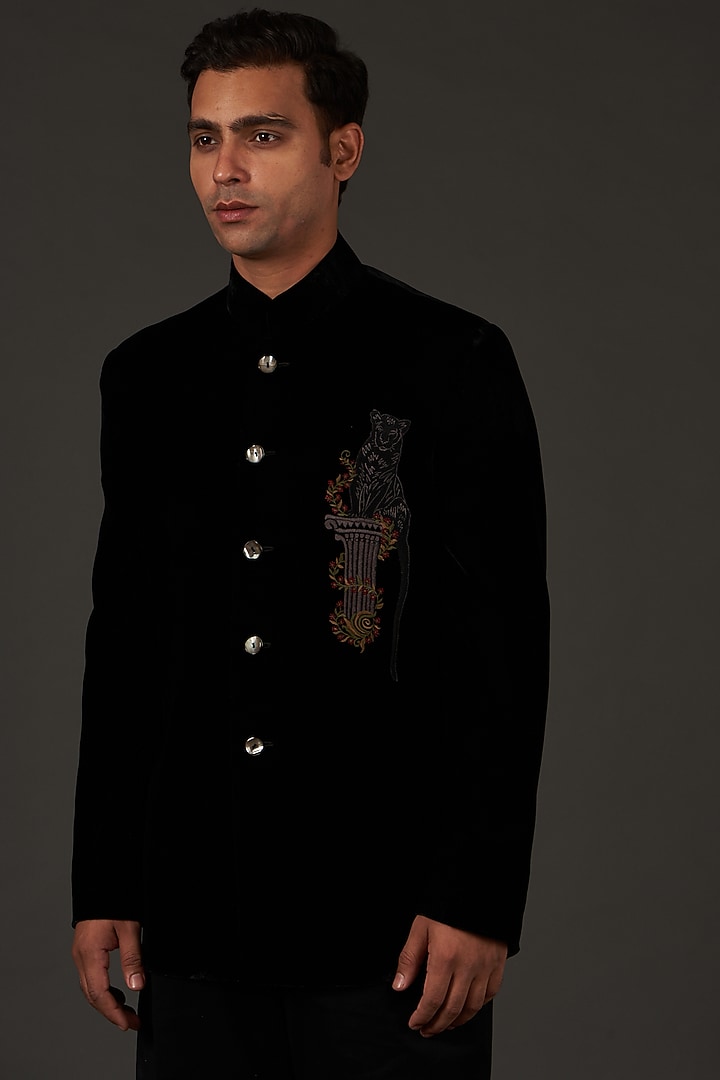 Black Silk Velvet Embroidered Wedding Bandhgala by Rohit Bal Men at Pernia's Pop Up Shop