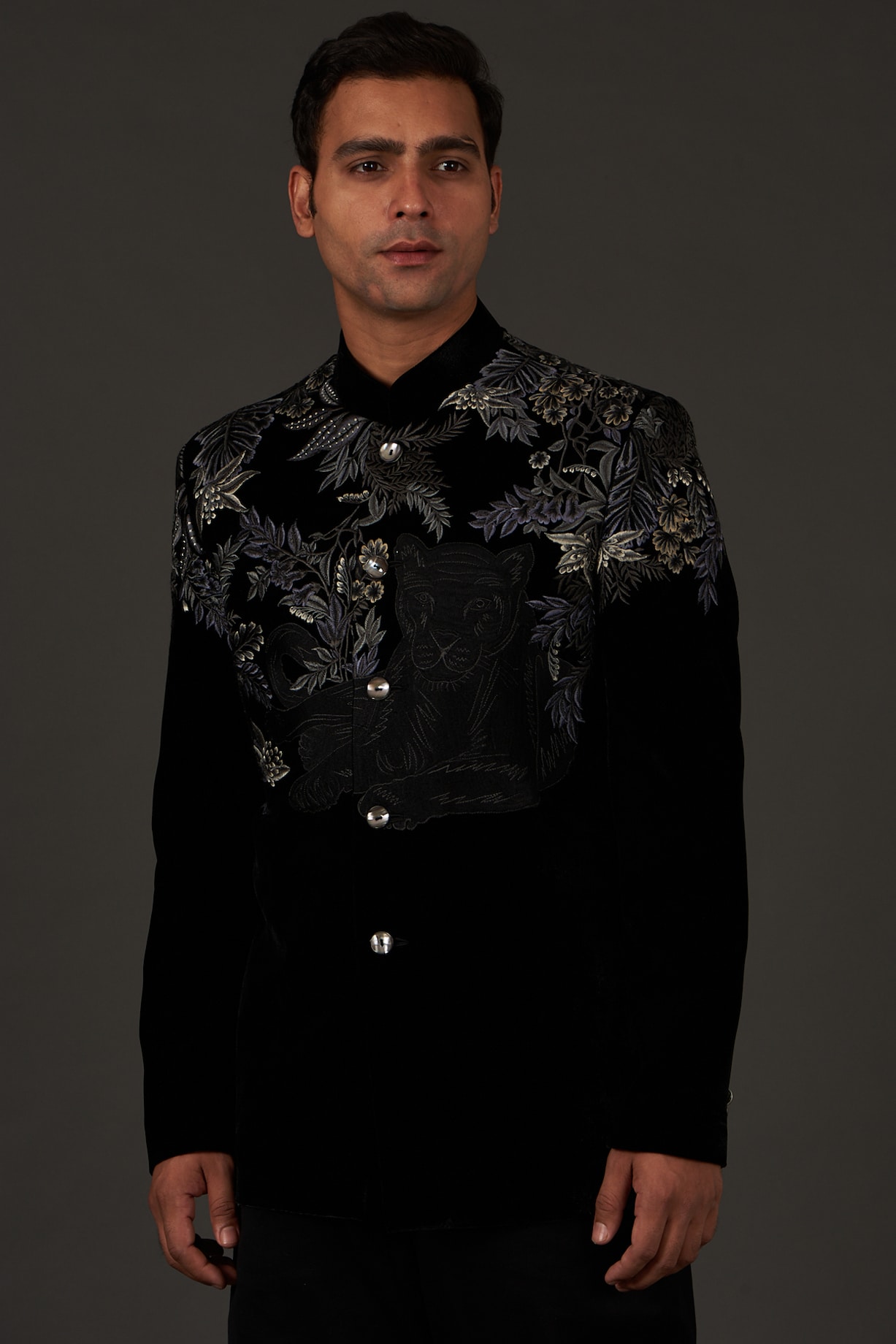 Black Silk Velvet Bandhgala Jacket by Rohit Bal Men