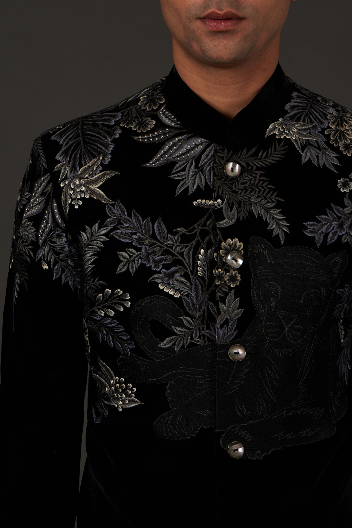 Black Silk Velvet Bandhgala Jacket by Rohit Bal Men