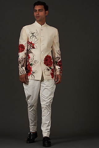 Ivory Linen Printed Bandhgala Jacket by Rohit Bal Men