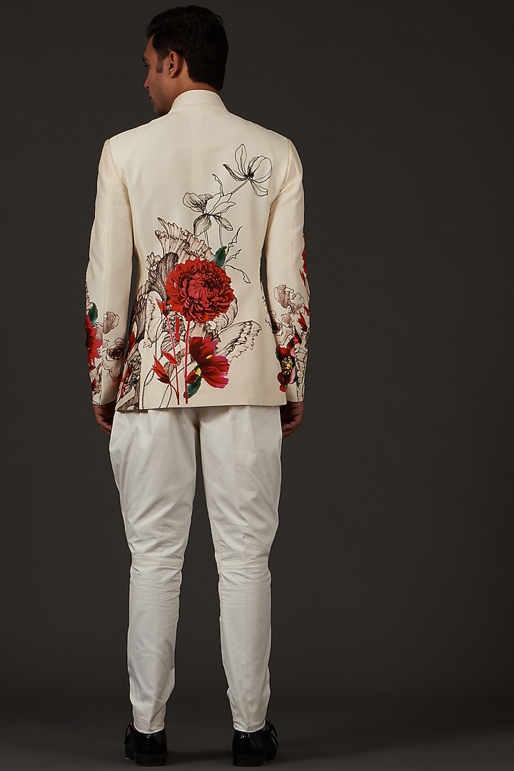 Ivory Linen Printed Wedding Bandhgala Jacket by Rohit Bal Men at Pernia's Pop Up Shop