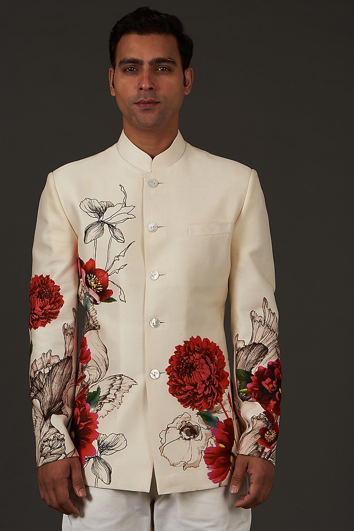 Ivory Linen Printed Wedding Bandhgala Jacket by Rohit Bal Men at Pernia's Pop Up Shop