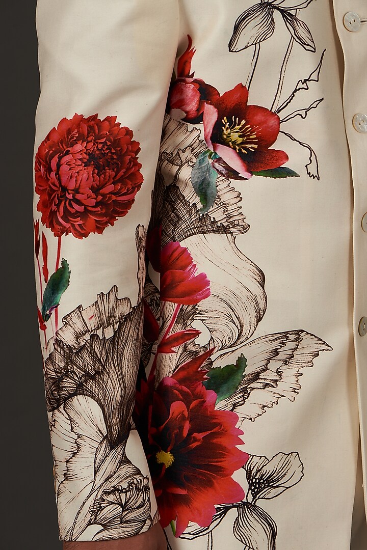 Ivory Linen Printed Wedding Bandhgala Jacket by Rohit Bal Men at Pernia's Pop Up Shop