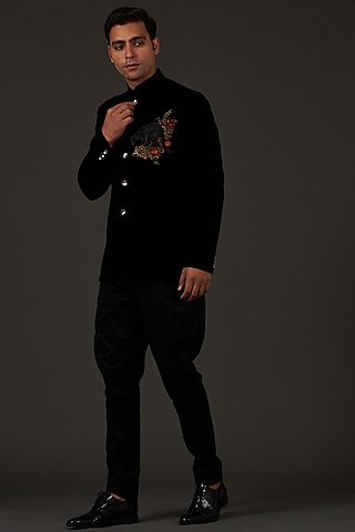 Black Silk Velvet Bandhgala Jacket by Rohit Bal Men