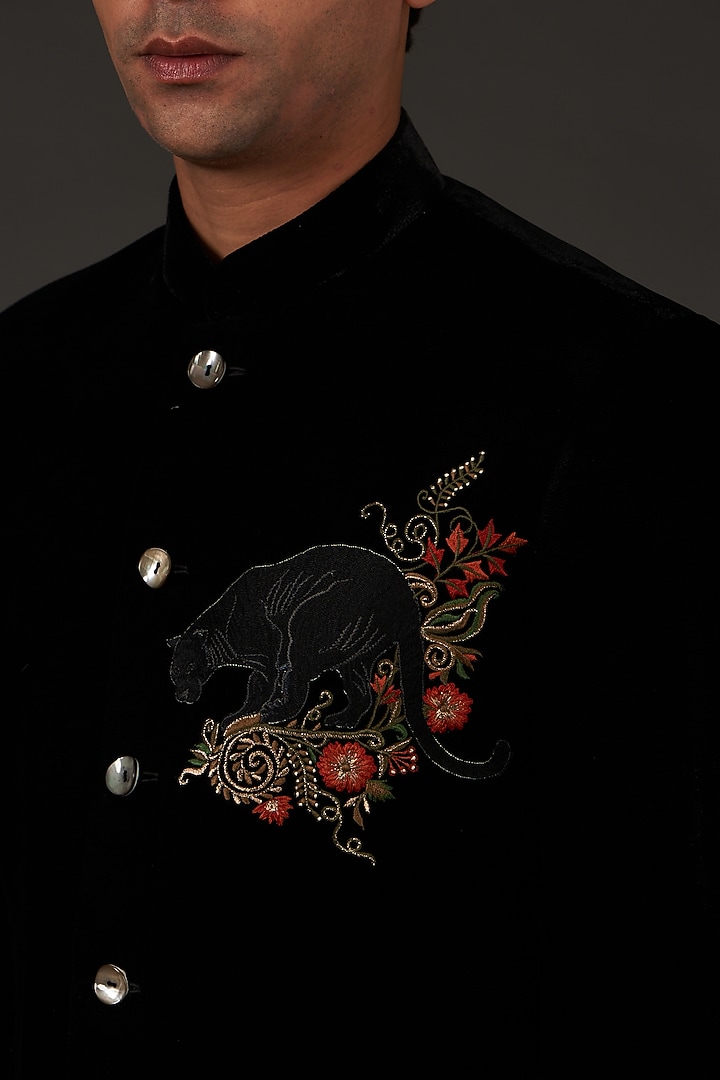 Black Silk Velvet Wedding Bandhgala Jacket by Rohit Bal Men at Pernia's Pop Up Shop