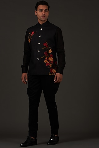 Black Linen Resham Thread Embroidered Bundi Jacket by Rohit Bal Men