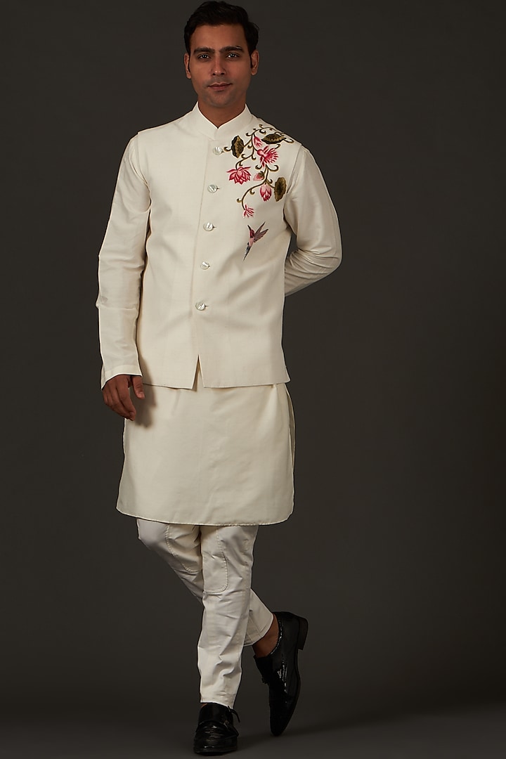 Ivory Nehru Jacket With Resham Thread Embroidery by Rohit Bal Men
