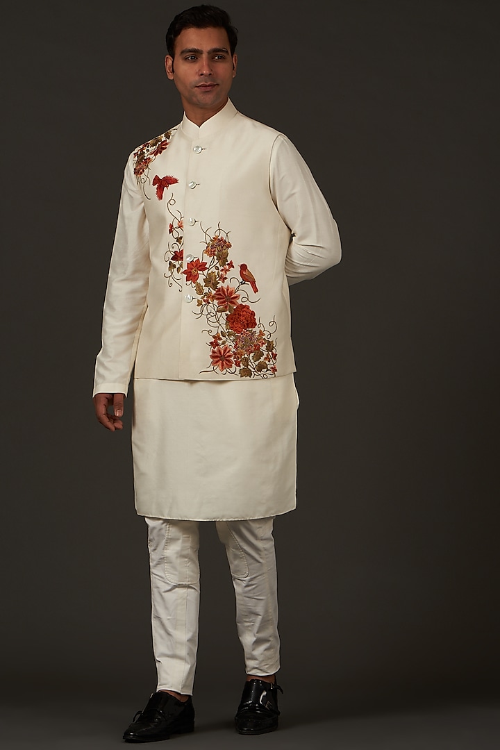 Ivory Resham Thread Embroidered Nehru Jacket by Rohit Bal Men