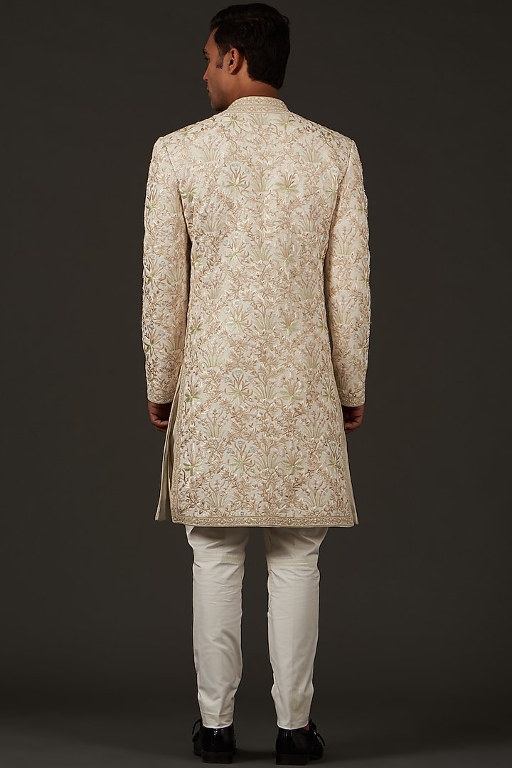 Ivory Matka Silk Resham Hand Embroidered Groom Sherwani by Rohit Bal Men at Pernia's Pop Up Shop