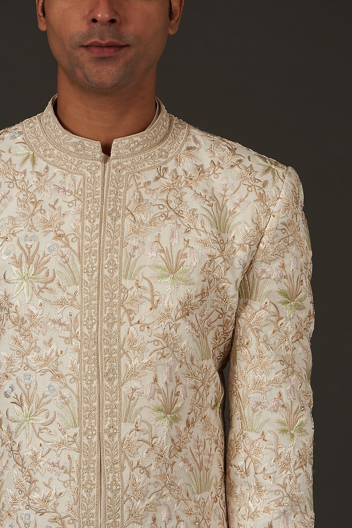 Ivory Matka Silk Resham Hand Embroidered Groom Sherwani by Rohit Bal Men at Pernia's Pop Up Shop