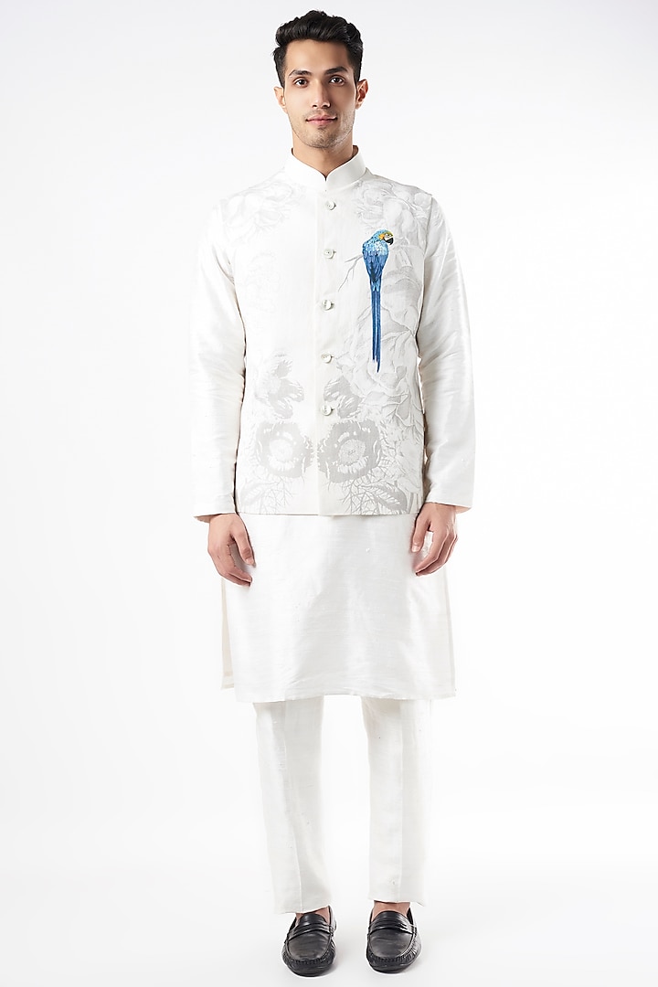 Ivory Digital Printed Nehru Jacket by Rohit Bal Men