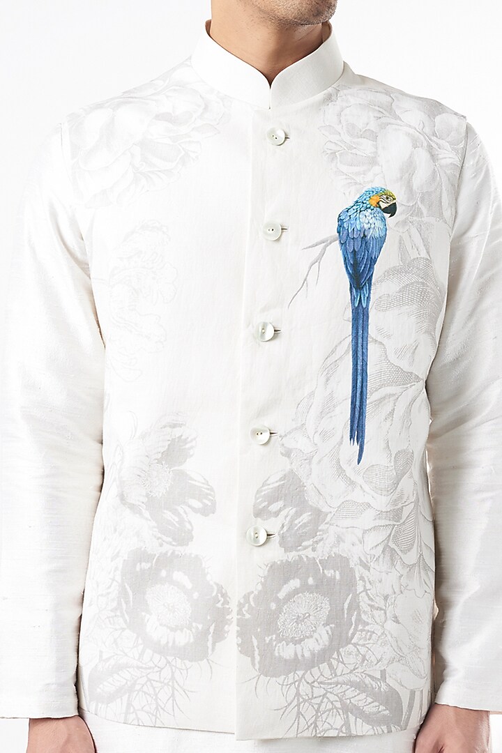 Ivory Matla SIlk Digital Printed Nehru Jacket by Rohit Bal Men at Pernia's Pop Up Shop