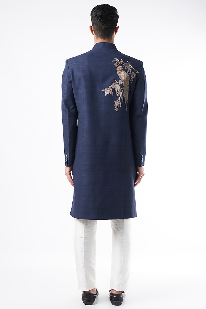 Navy Blue Matka Silk Groom Sherwani by Rohit Bal Men at Pernia's Pop Up Shop