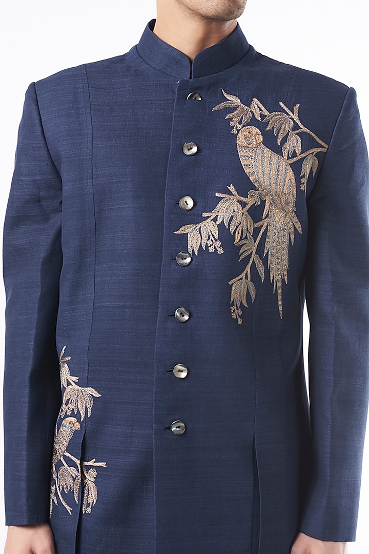 Navy Blue Matka Silk Groom Sherwani by Rohit Bal Men at Pernia's Pop Up Shop