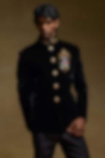 Black Silk Velvet Groom Bandhgala by Rohit Bal Men at Pernia's Pop Up Shop