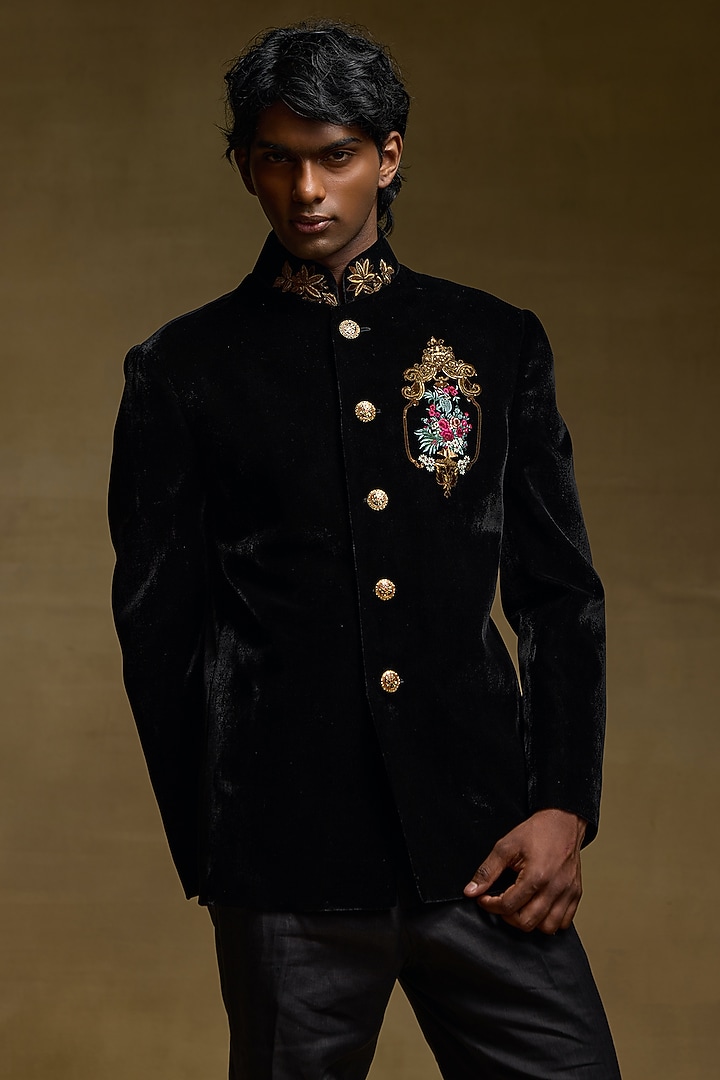 Black Silk Velvet Groom Bandhgala by Rohit Bal Men at Pernia's Pop Up Shop