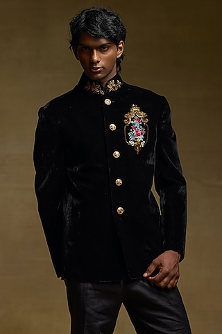 Black Silk Velvet Bandhgala by Rohit Bal Men
