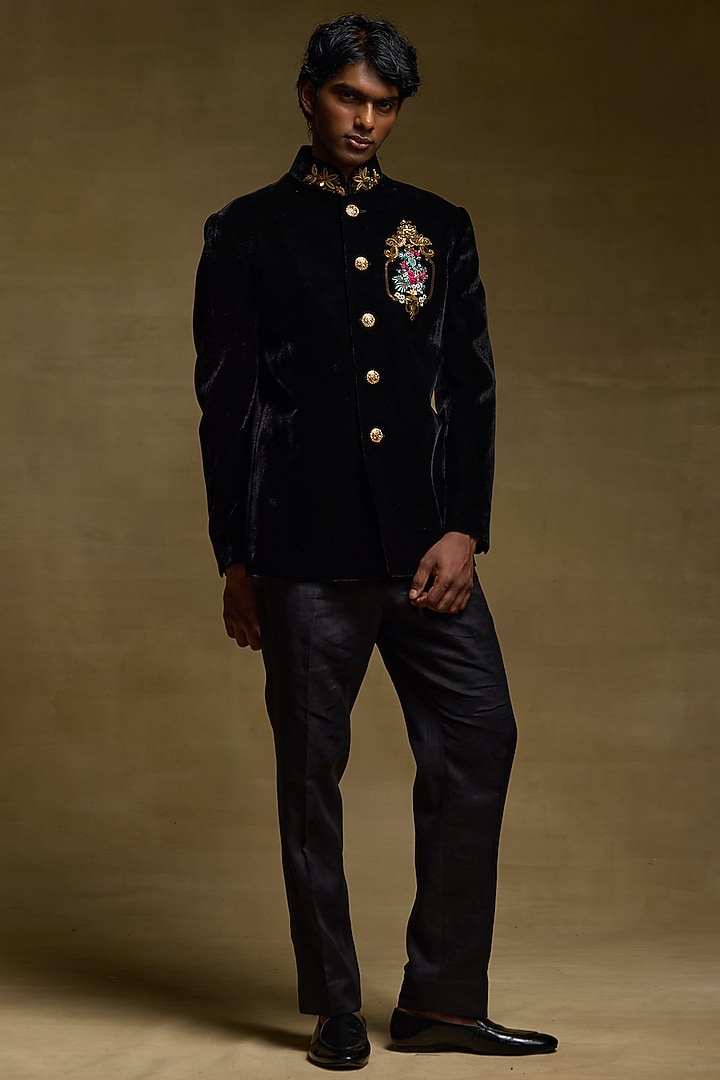 Black Silk Velvet Groom Bandhgala by Rohit Bal Men at Pernia's Pop Up Shop