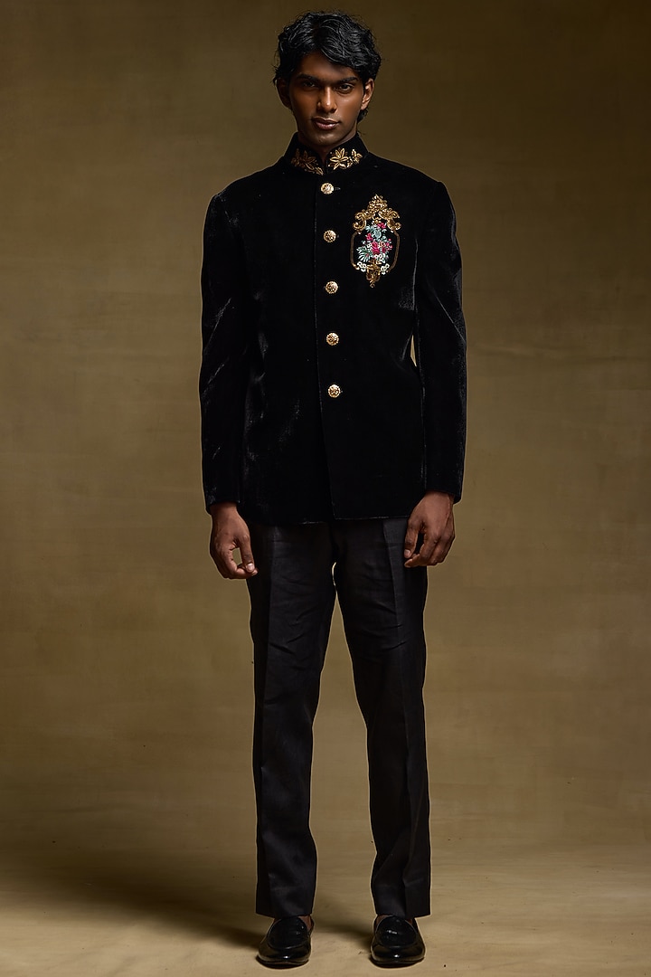 Black Silk Velvet Groom Bandhgala by Rohit Bal Men at Pernia's Pop Up Shop