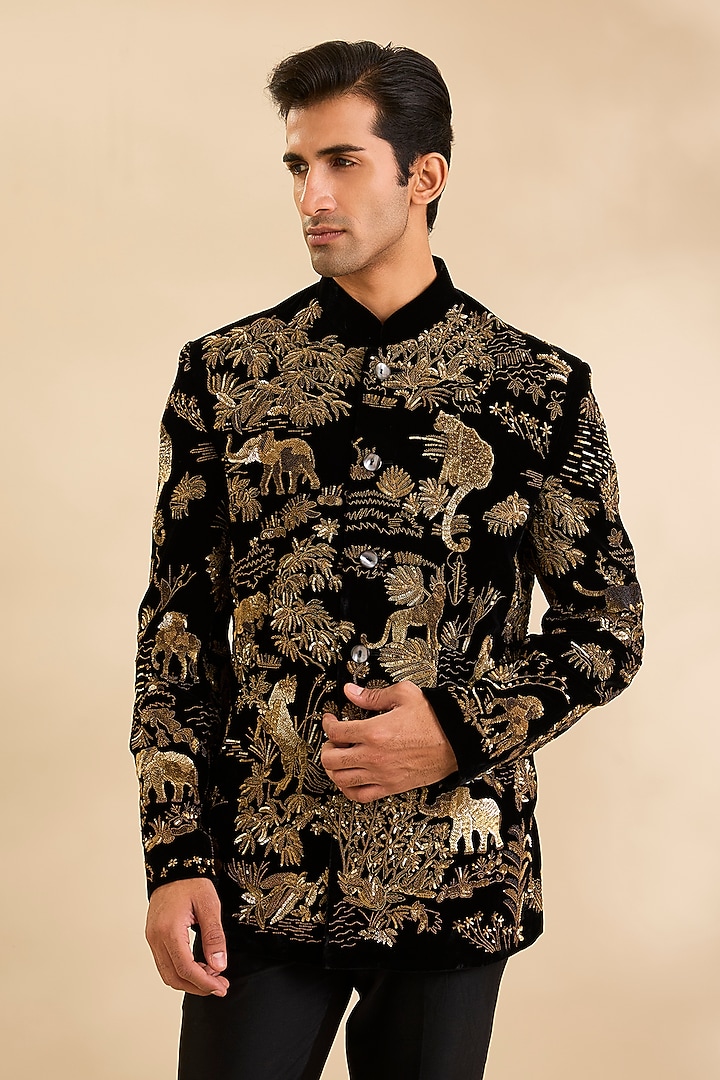 Black Velvet Groom Bandhgala by Rohit Bal Men at Pernia's Pop Up Shop
