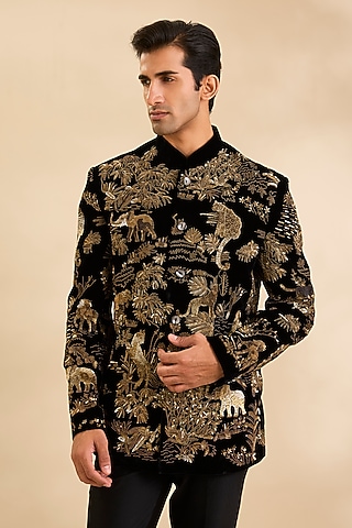 Black Velvet Bandhgala by Rohit Bal Men