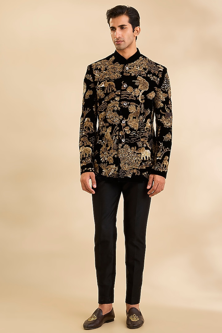 Black Velvet Groom Bandhgala by Rohit Bal Men at Pernia's Pop Up Shop