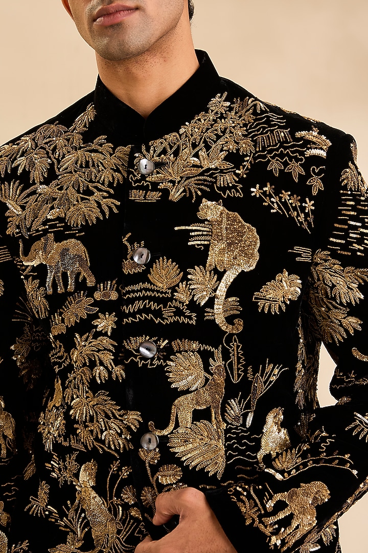 Black Velvet Groom Bandhgala by Rohit Bal Men at Pernia's Pop Up Shop