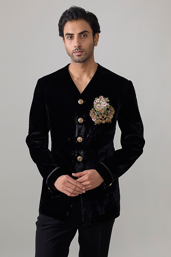 Black Velvet Groom Bandhgala by Rohit Bal Men at Pernia's Pop Up Shop