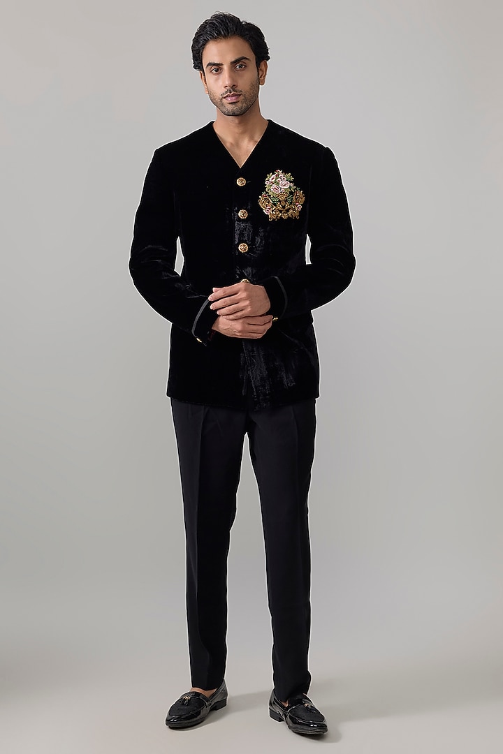 Black Velvet Groom Bandhgala by Rohit Bal Men at Pernia's Pop Up Shop