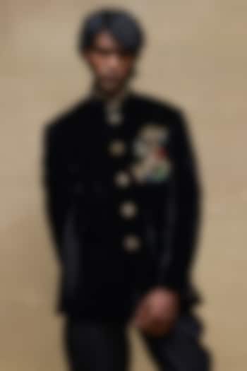 Black Silk Velvet Groom Bandhgala by Rohit Bal Men at Pernia's Pop Up Shop