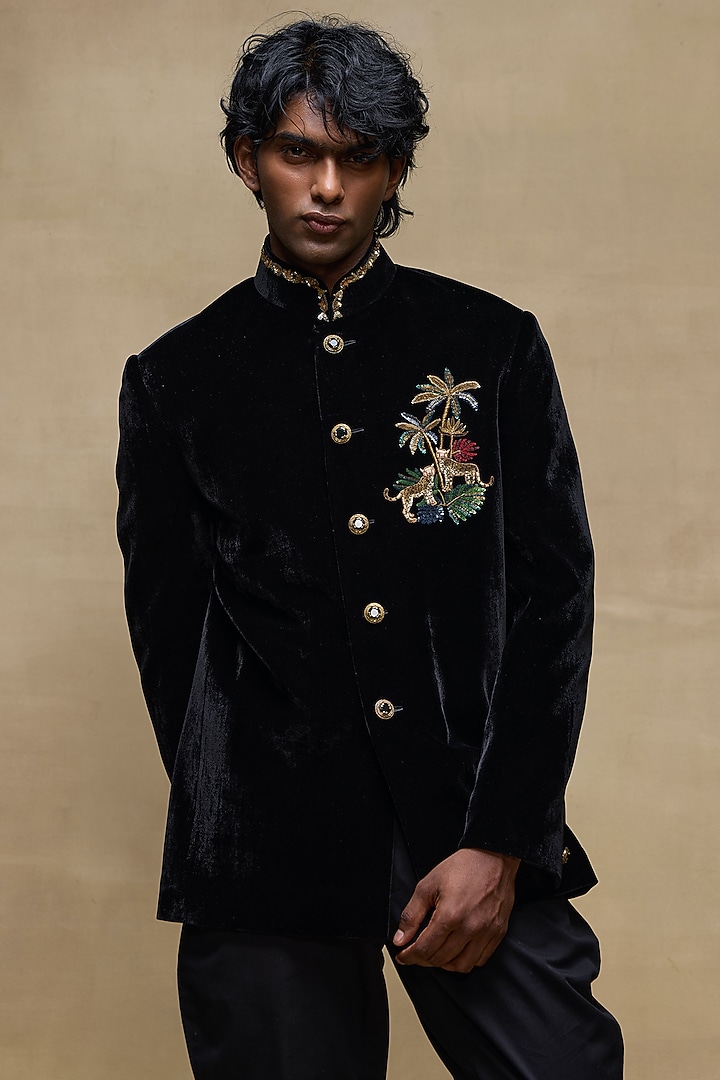 Black Silk Velvet Groom Bandhgala by Rohit Bal Men at Pernia's Pop Up Shop