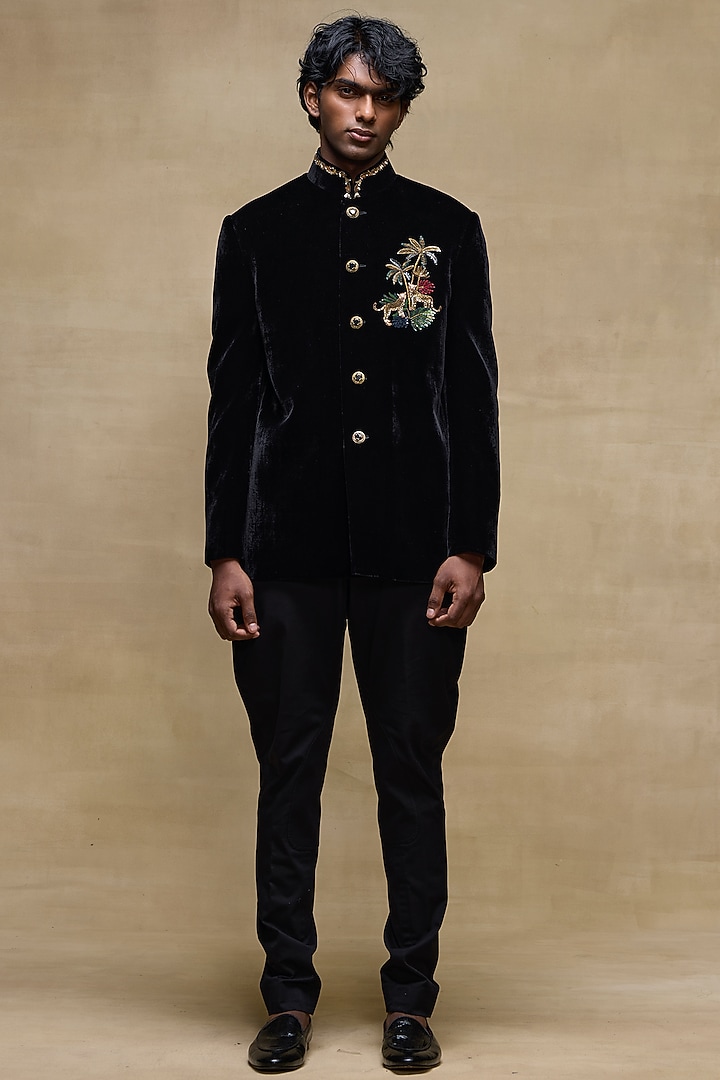 Black Silk Velvet Groom Bandhgala by Rohit Bal Men at Pernia's Pop Up Shop
