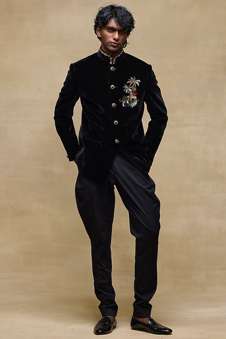 Black Silk Velvet Groom Bandhgala by Rohit Bal Men at Pernia's Pop Up Shop